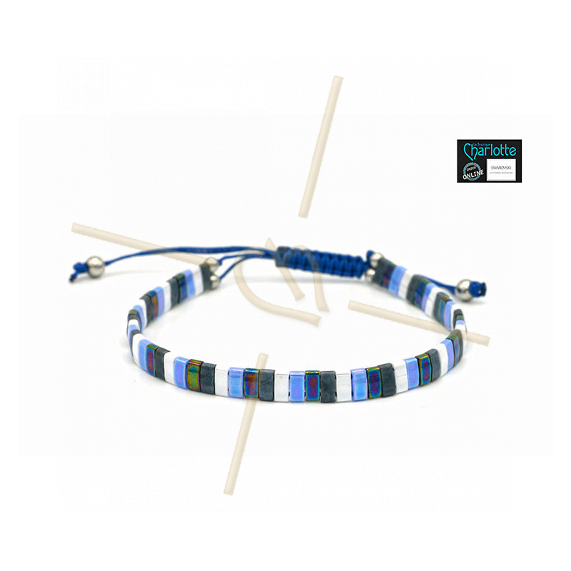 Kit bracelet avec Miyuki Quart + Demi + Tila en macramé fermoir blue blanc mix