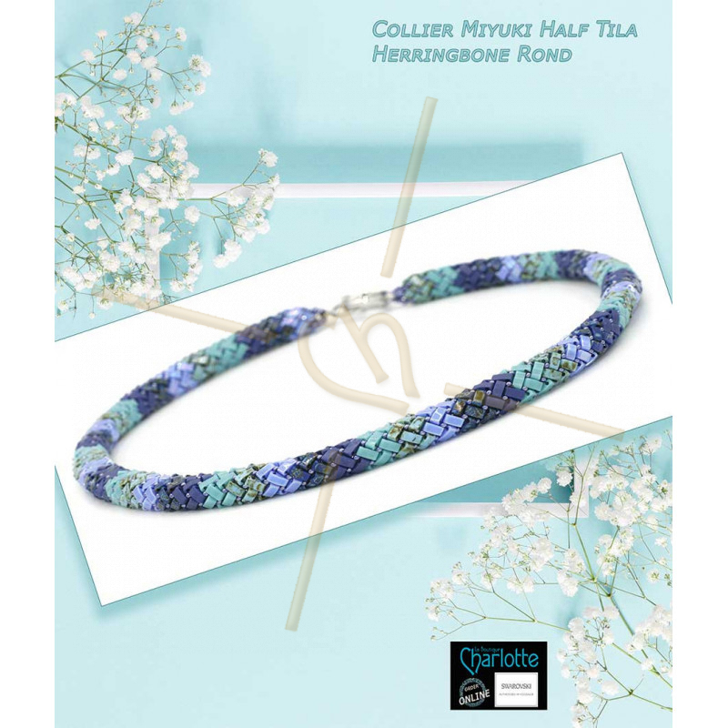 Halsketting met Miyuki Half Tila technique Herringbone rond - Turquoise blue