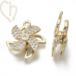 Charms bloem draaiend 20mm met strass Gold Plated