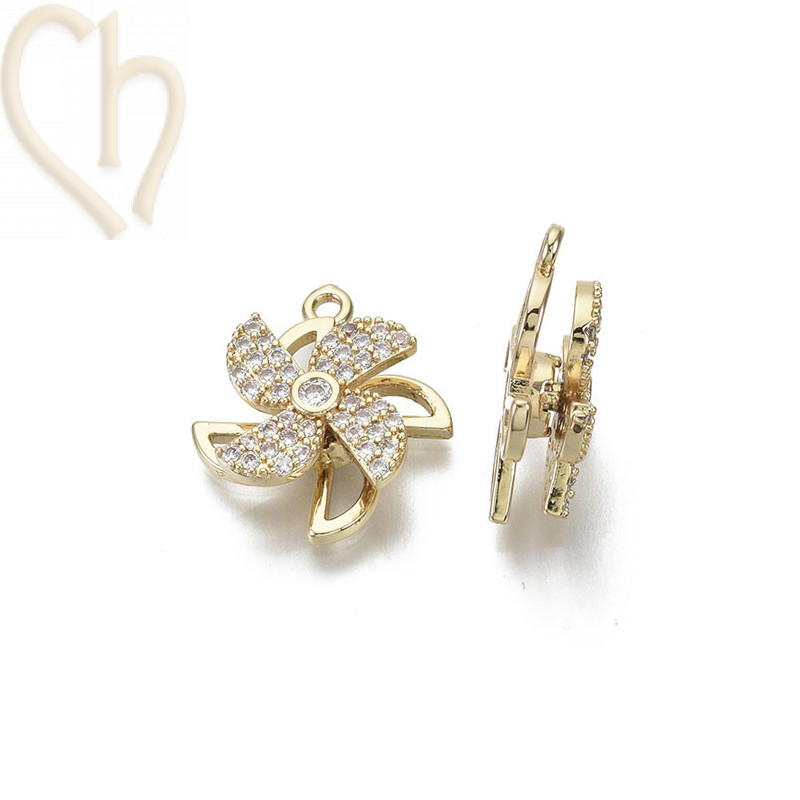 Charms fleur tournant 20mm avec strass Gold Plated