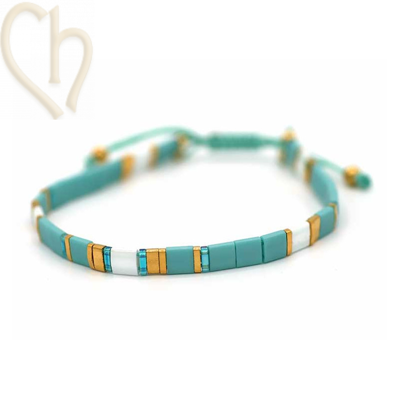 Kit bracelet avec Miyuki Quart + Demi + Tila en macramé fermoir aqua gold mat