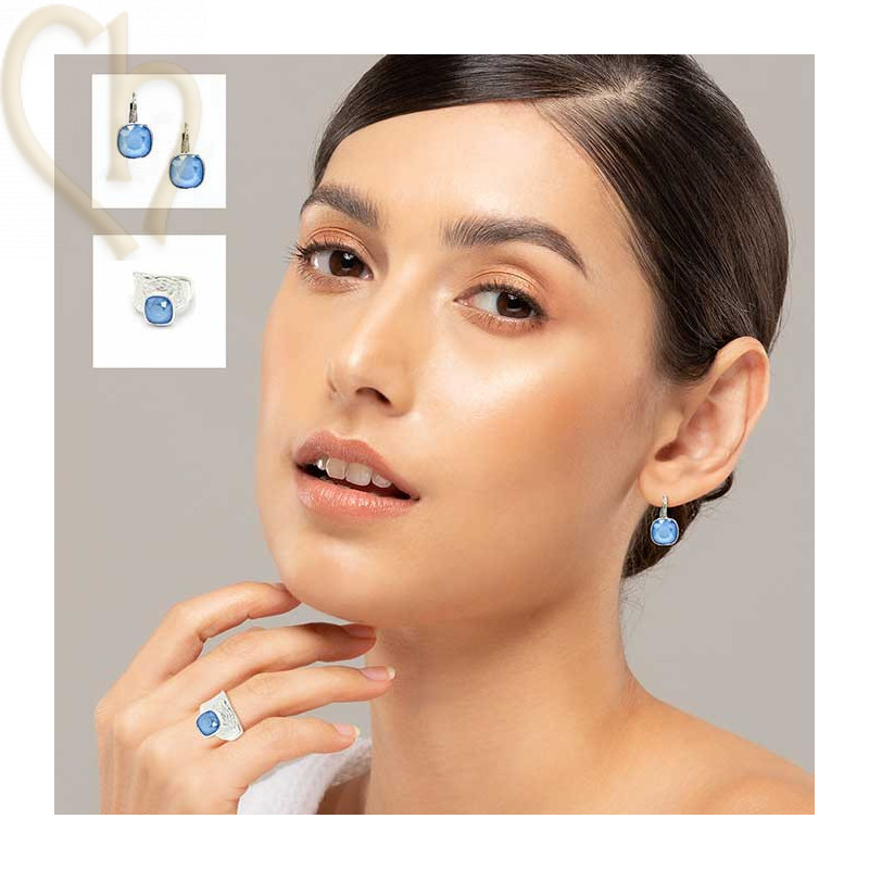 Juwelenset regelbare Ring en Oorbellen met Crystal 4470 Azure Blue