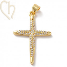 Charms Gold Plated cross 30mm with rhinestones