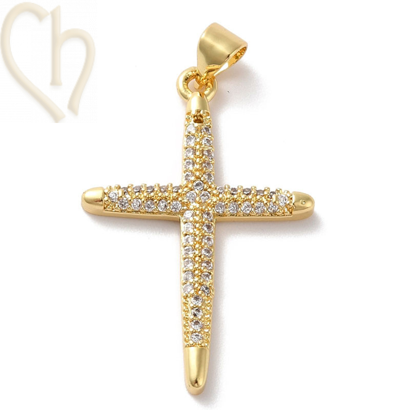 Charms Gold Plated cross 30mm with rhinestones