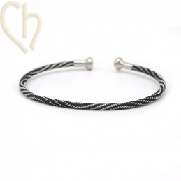 Bracelet Jonc acier Corde avec embout visé - Noir Argent Rhodium