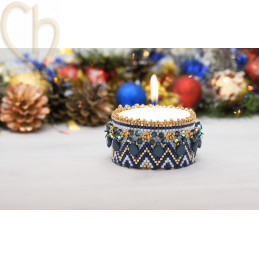 Kit DIY : Cache-Bougie en Peyote avec Perles Miyuki et Éléments de Cristal – Bleu & Doré