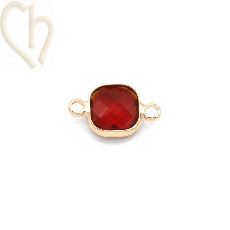 tussenstukje vierkant glas + metaal 9mm met 2 ringen gold plated