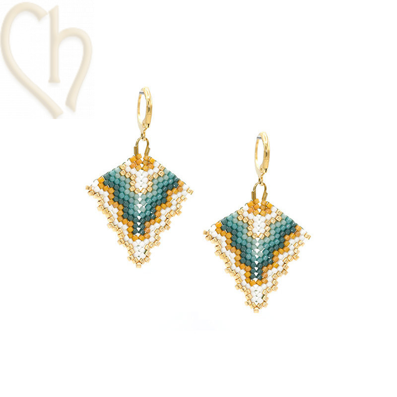 Kit Boucles d’Oreilles Triangle Peyote Eucalyptus Moutarde – Perles Miyuki & schéma gratuit