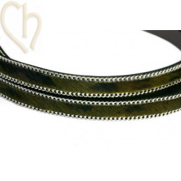 platte leder 10mm + zilveren ketting harige zwart