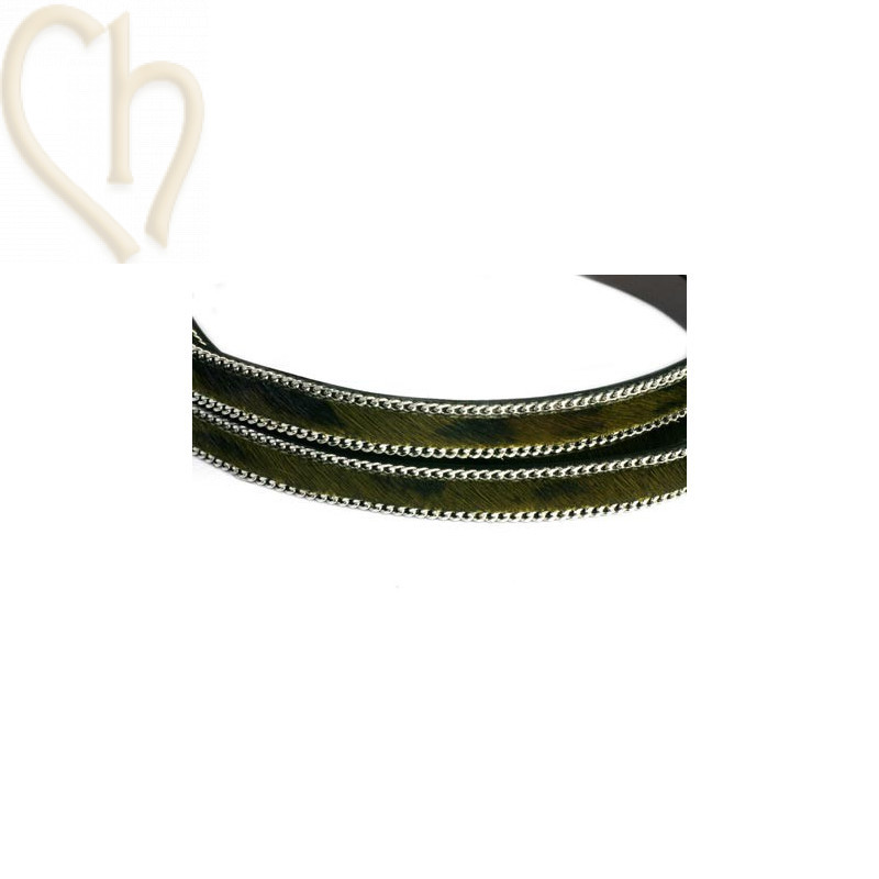 cuir plat 10 mm poilu + chaine argent camouflage noir