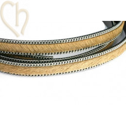 platte leder 10mm + zilveren ketting harige beige