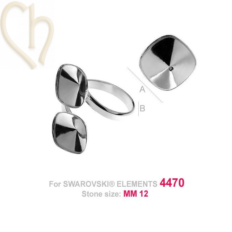 bague réglable argent .925 pour Swarovski 4470 12*12mm pierre